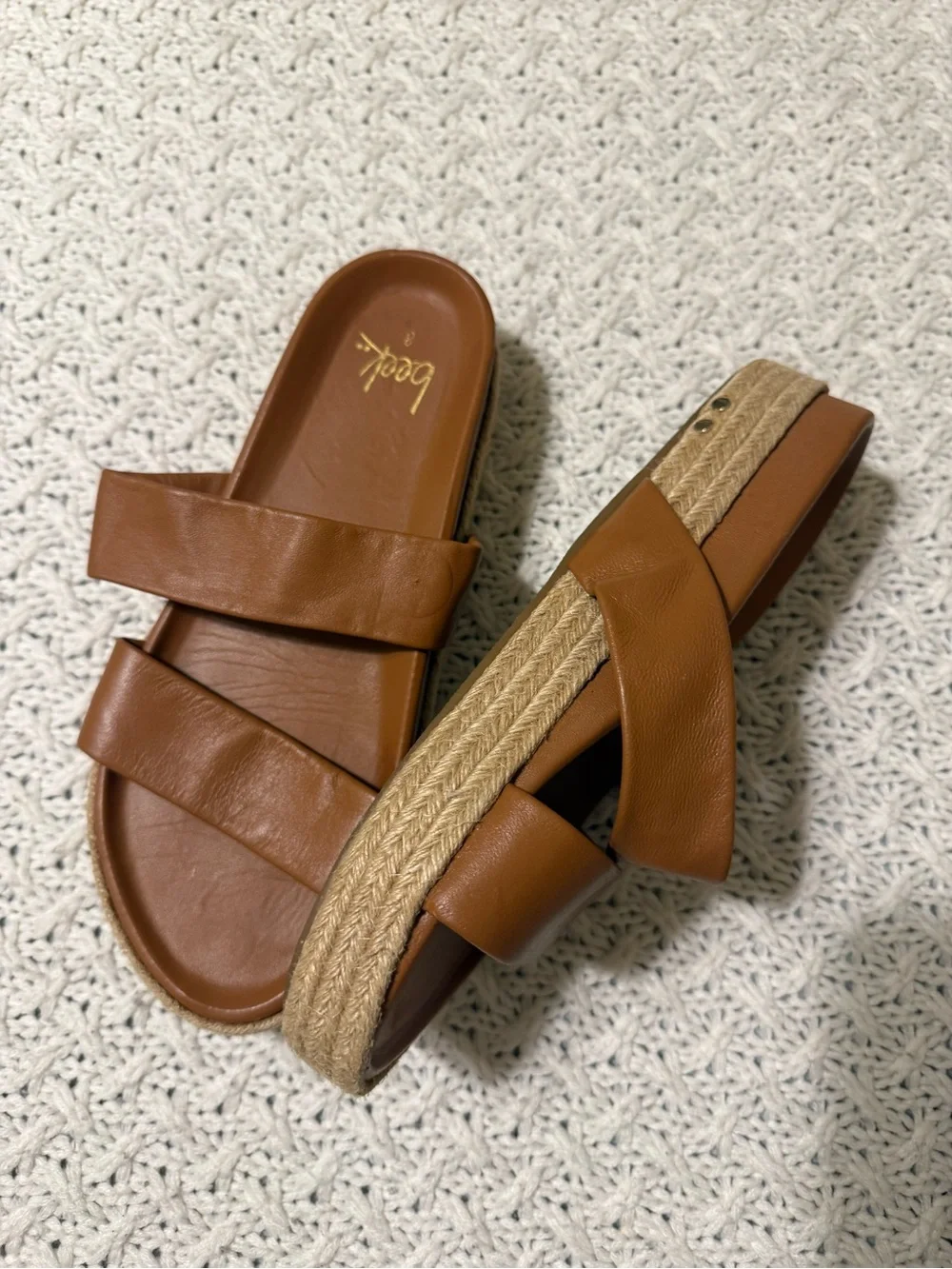 beek Women's Double Strap Slide Sandals in Cognac Brown size 8